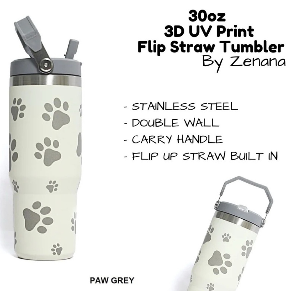 30oz 3D UV Printed Flip Straw Tumbler - Paw Grey